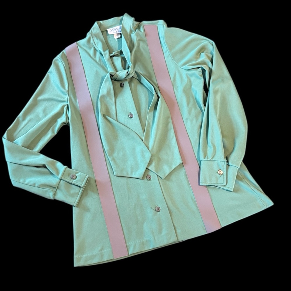 Vintage 70s Poly Button Down Blouse w Bow